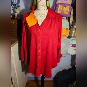 Alfred Dunner Red Button Up Blouse With Tie Sleeves Plus Size 1x